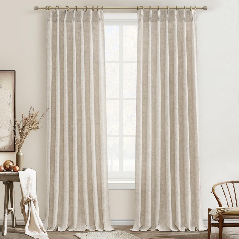 PleatedDrapes ستائر PleatedDrapes للديكور المورقة مقاس 105 بوصة لغرفة الطعام، ستارة شفافة من الكتان الطبيعي المزخرف باللون البيج البوهيمي مكونة من لوحتين مع خطافات وحلقات لغرفة النوم ستائر نافذة مقاس 104-106 بوصة (W40 xL105) - Image 1